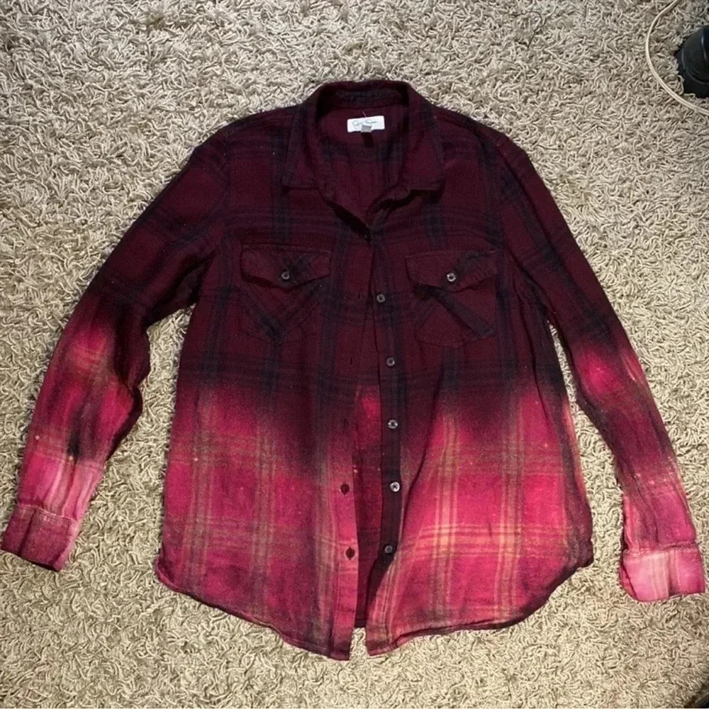 Jessica Simpson Bleached Repurposed Dark Red flannel with horse graphic-Size Med - Picture 6 of 8